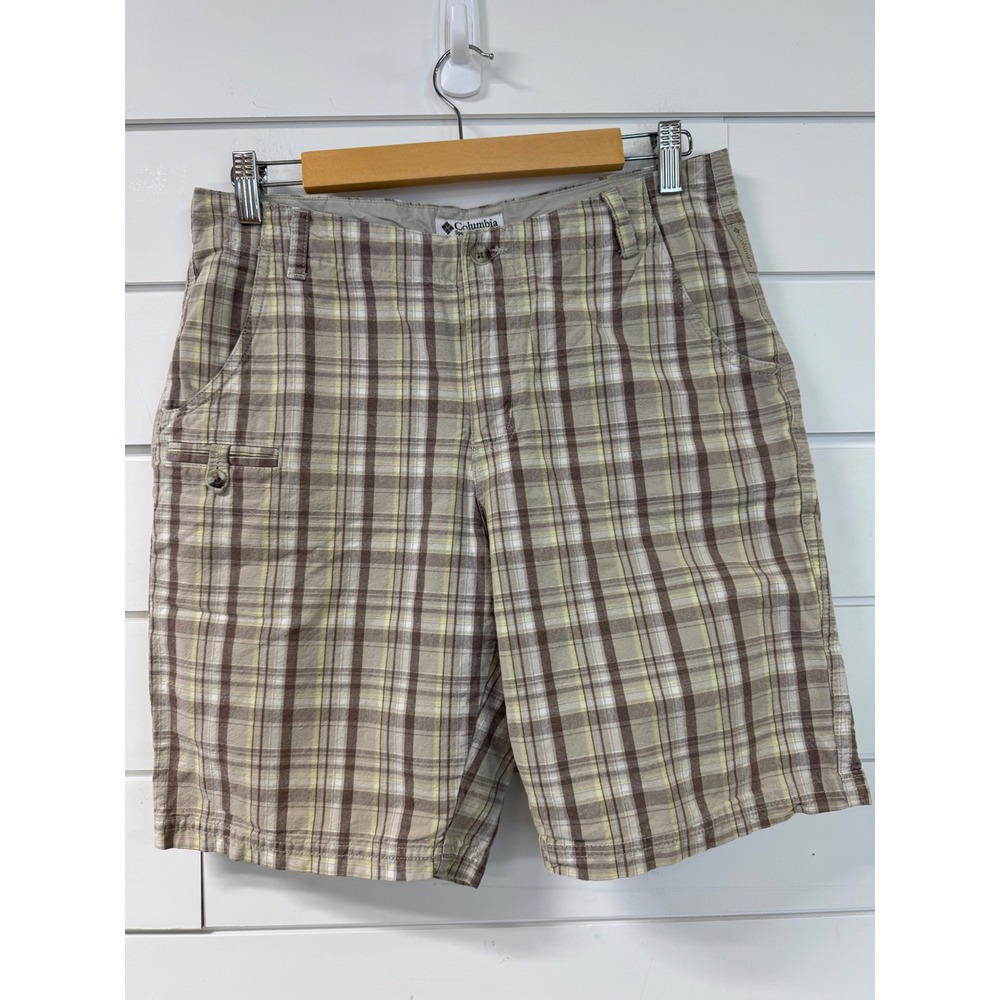 Columbia Womens Plaid Hiking Shorts Brown Tan Yellow Size 8 9 Inseam Cotton